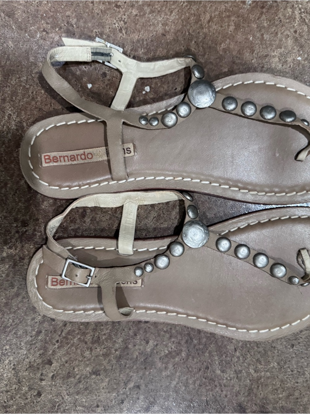 Bernardo Taupe Studded T-Strap Sandals